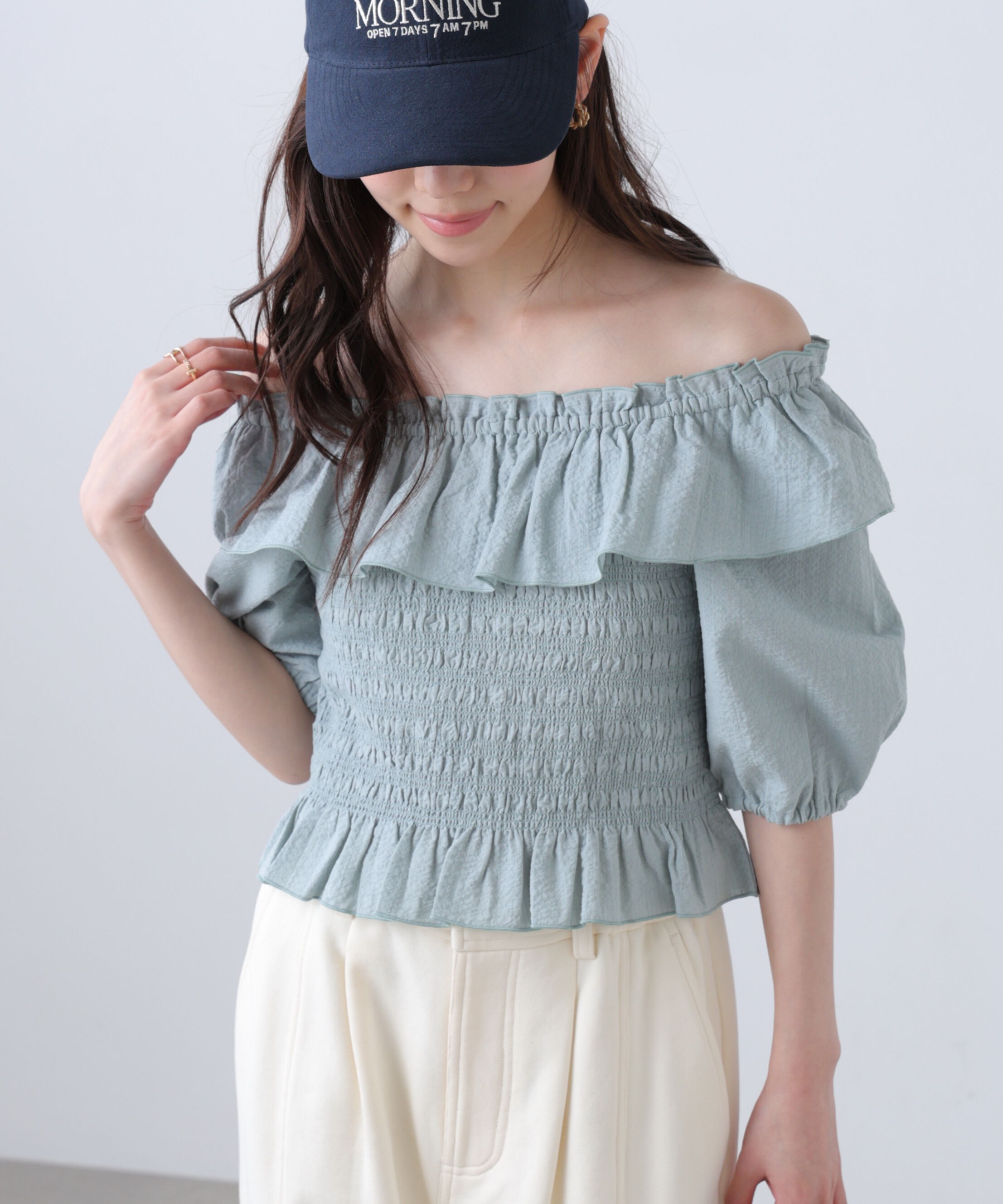  「2wayオフショルペプラムブラウス」|シャツ・ブラウス|サックス