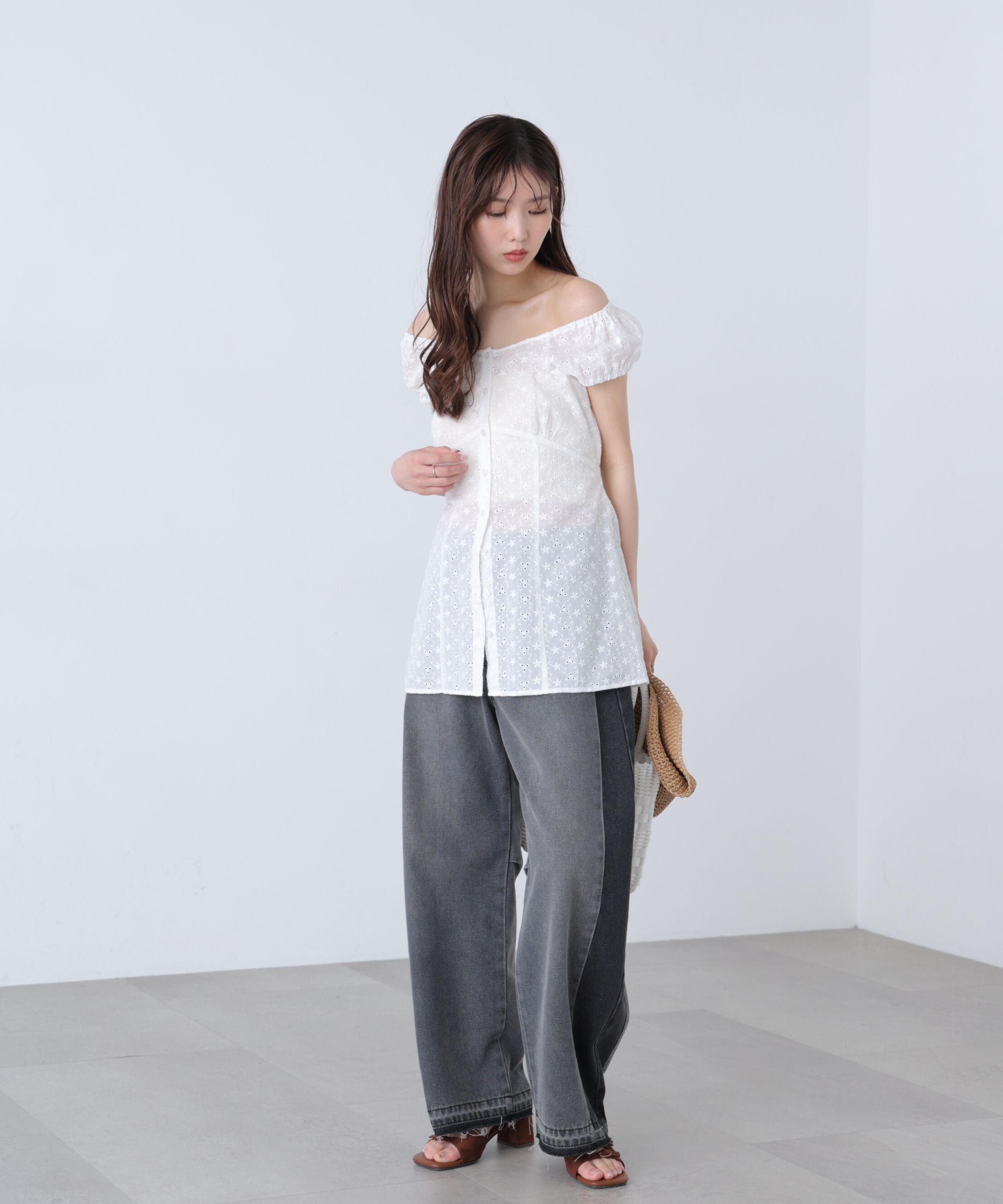  「バックリボン前開きパフスリーブレースチュニックブラウス」|Tシャツ・カットソー|