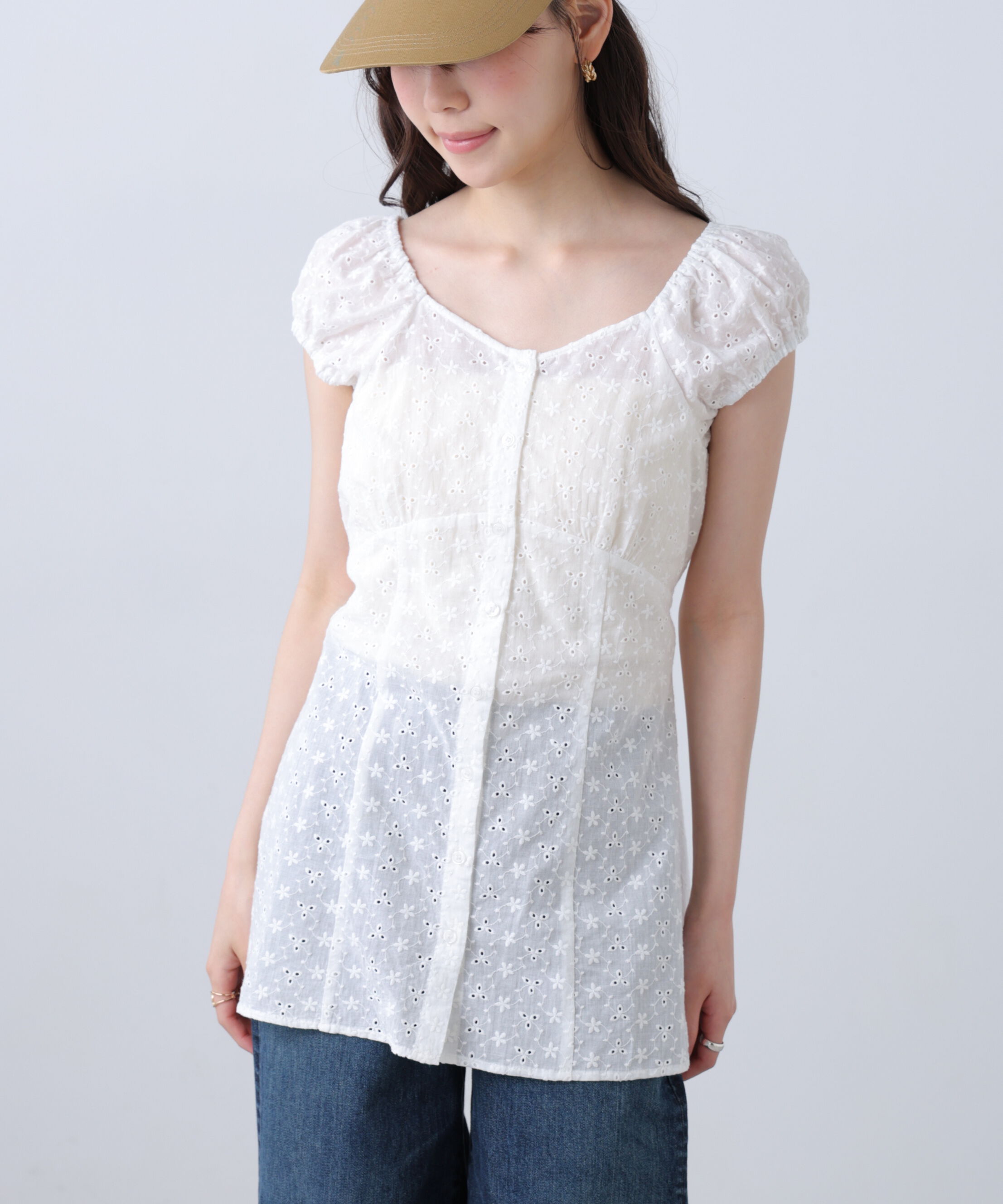  「バックリボン前開きパフスリーブレースチュニックブラウス」|Tシャツ・カットソー|