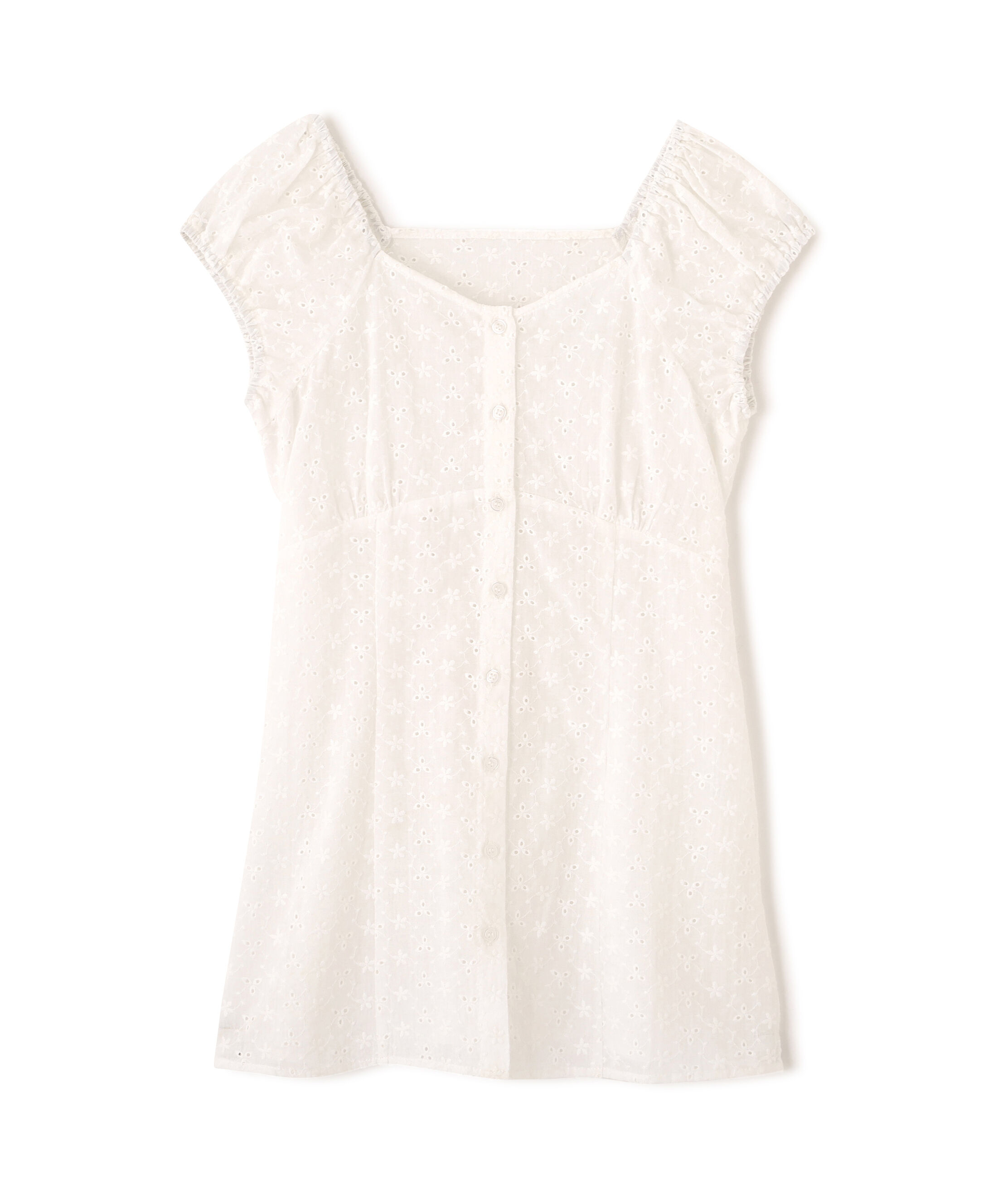  「バックリボン前開きパフスリーブレースチュニックブラウス」|Tシャツ・カットソー|