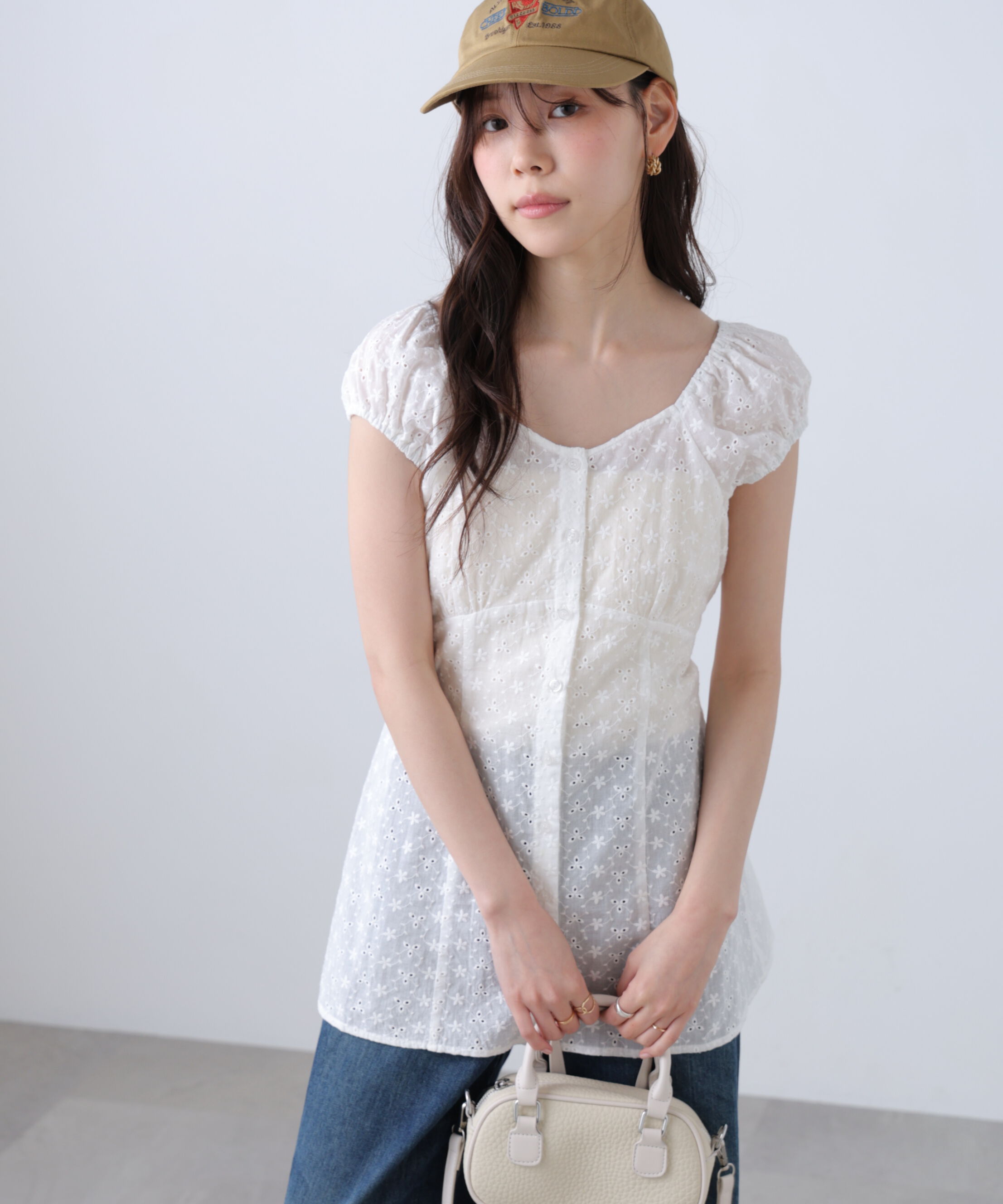  「バックリボン前開きパフスリーブレースチュニックブラウス」|Tシャツ・カットソー|