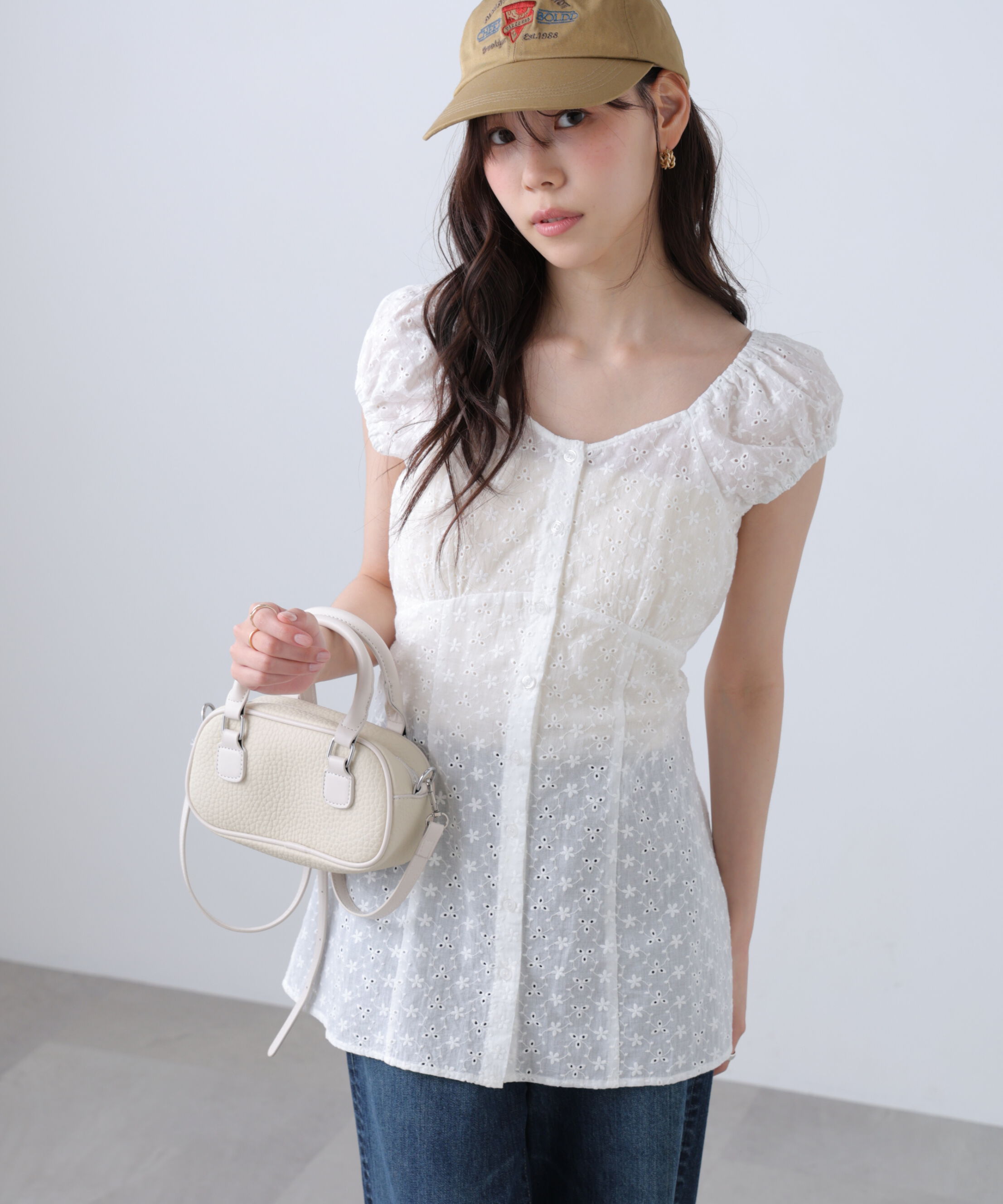  「バックリボン前開きパフスリーブレースチュニックブラウス」|Tシャツ・カットソー|