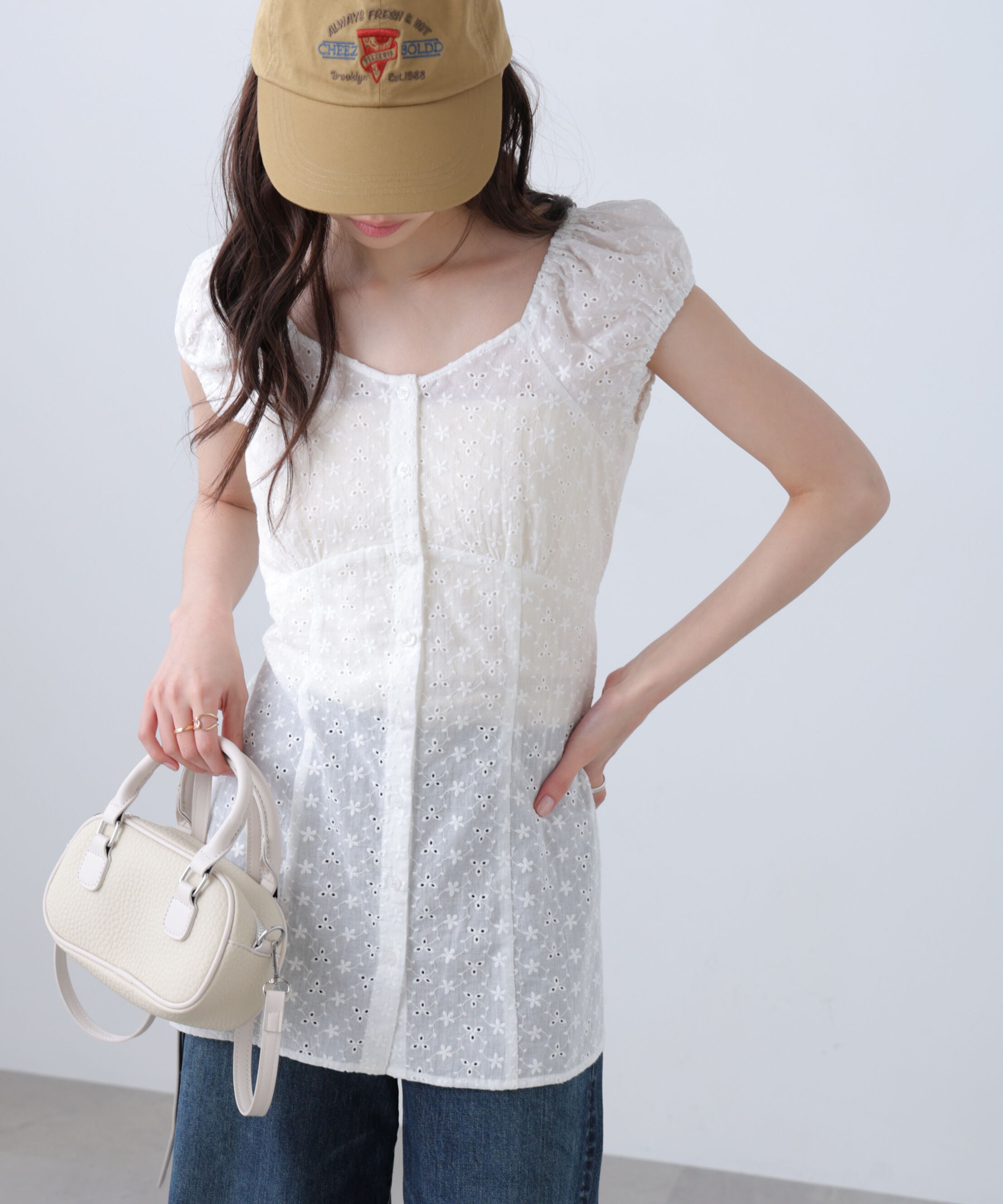  「バックリボン前開きパフスリーブレースチュニックブラウス」|Tシャツ・カットソー|