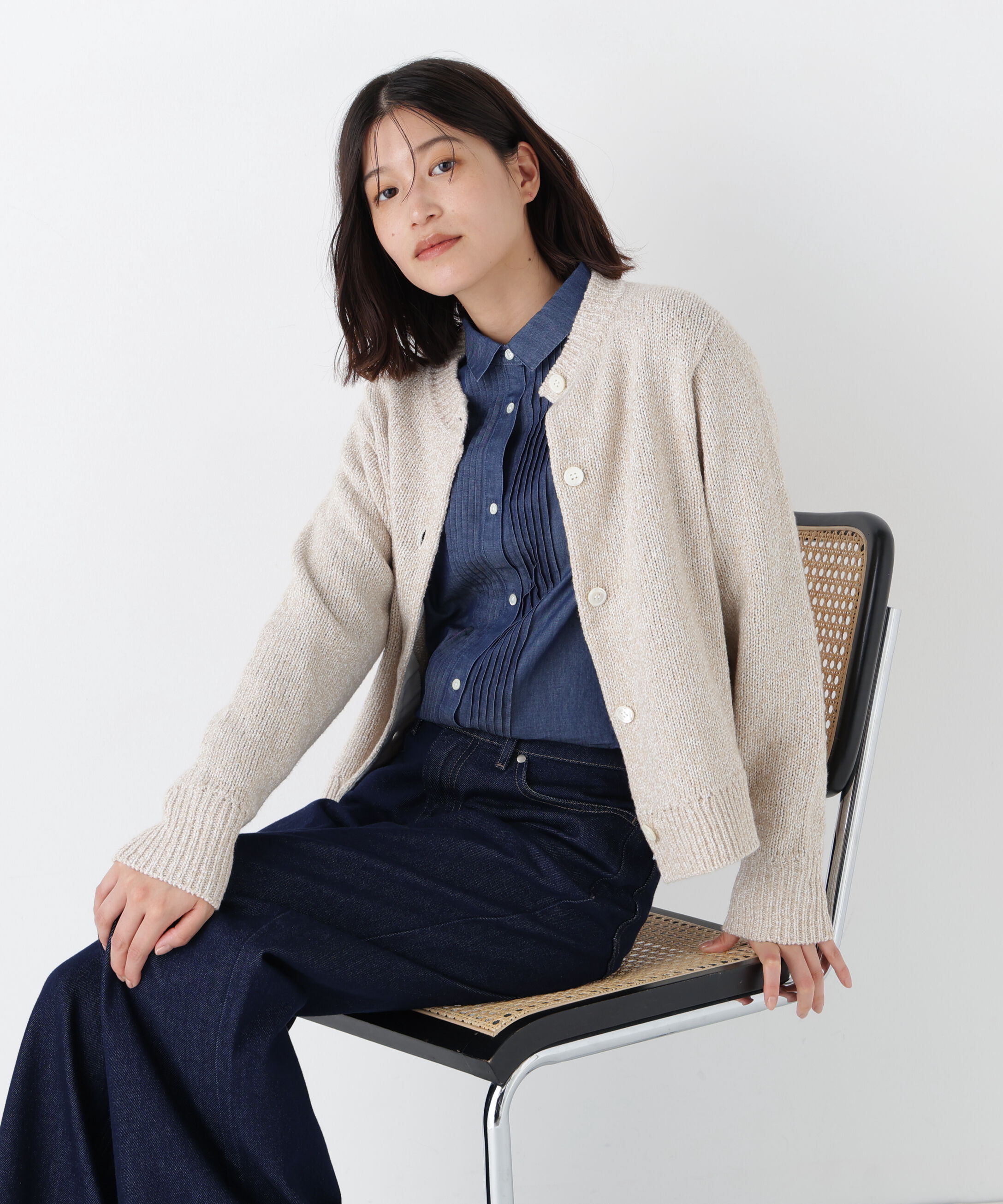  「◆《ウォッシャブル》ＭＩＸヤーンクルーネックカーディガン」|ニット・セーター|ベージュ