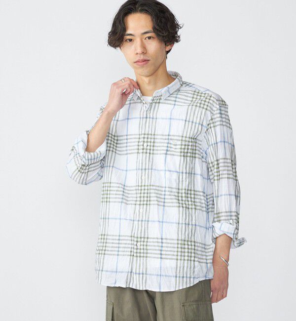 SHIPS「SHIPS: BEZ ウォッシュド チェック ロングスリーブ シャツ」|シャツ・ブラウス|ライトグリーン
