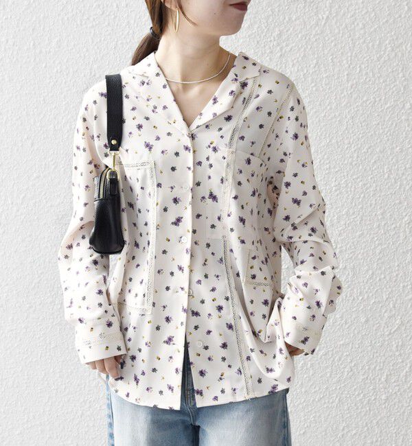 SHIPS any「SHIPS any:〈洗濯機可能〉フラワー プリント レース オープンカラー シャツ」|シャツ・ブラウス|