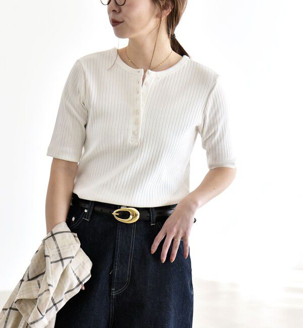 quaranciel「quaranciel:〈洗濯機可能〉テレコ リブ クルー ヘンリー 2way ハーフスリーブ TEE」|Tシャツ・カットソー|