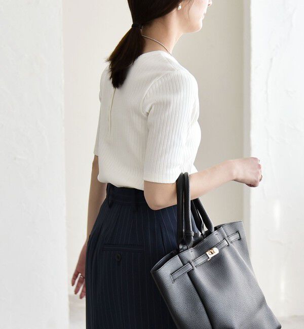 quaranciel「quaranciel:〈洗濯機可能〉テレコ リブ クルー ヘンリー 2way ハーフスリーブ TEE」|Tシャツ・カットソー|