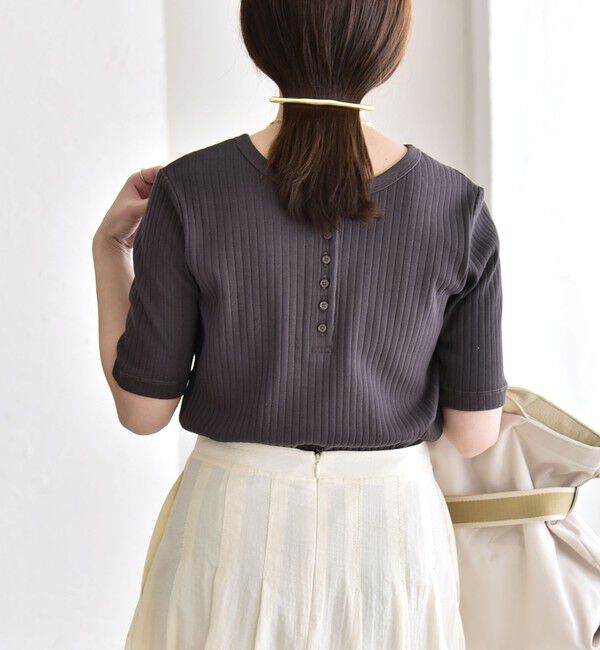 quaranciel「quaranciel:〈洗濯機可能〉テレコ リブ クルー ヘンリー 2way ハーフスリーブ TEE」|Tシャツ・カットソー|