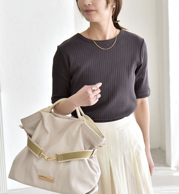 quaranciel「quaranciel:〈洗濯機可能〉テレコ リブ クルー ヘンリー 2way ハーフスリーブ TEE」|Tシャツ・カットソー|