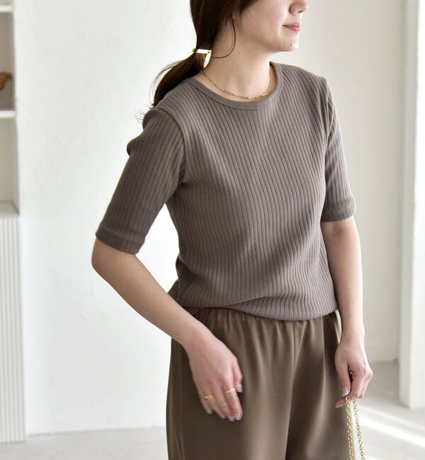 quaranciel「quaranciel:〈洗濯機可能〉テレコ リブ クルー ヘンリー 2way ハーフスリーブ TEE」|Tシャツ・カットソー|