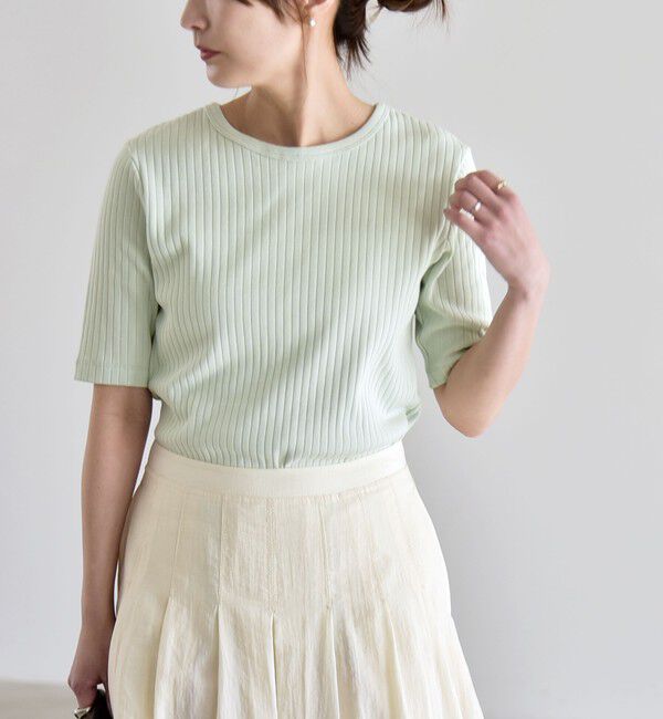 quaranciel「quaranciel:〈洗濯機可能〉テレコ リブ クルー ヘンリー 2way ハーフスリーブ TEE」|Tシャツ・カットソー|