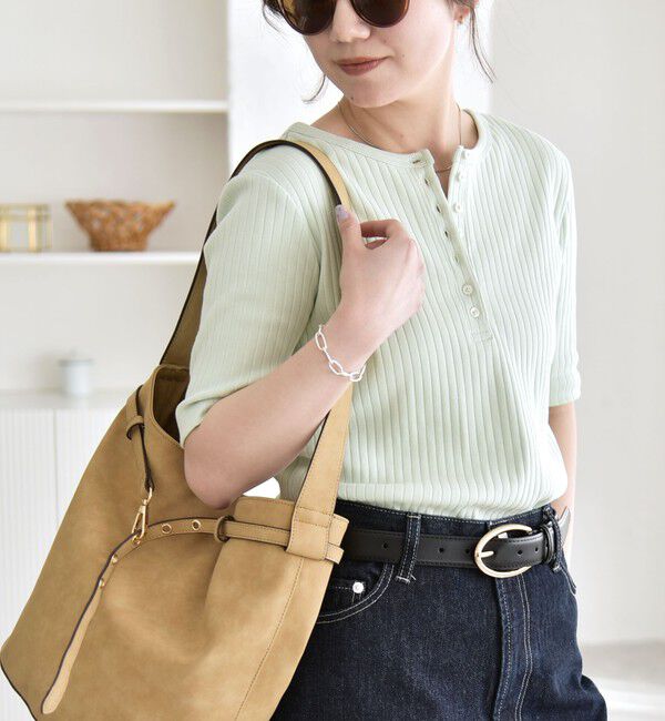 quaranciel「quaranciel:〈洗濯機可能〉テレコ リブ クルー ヘンリー 2way ハーフスリーブ TEE」|Tシャツ・カットソー|