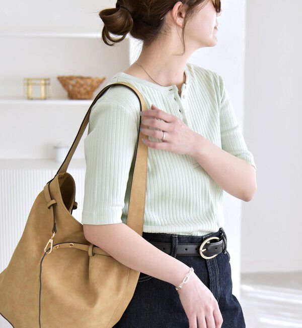 quaranciel「quaranciel:〈洗濯機可能〉テレコ リブ クルー ヘンリー 2way ハーフスリーブ TEE」|Tシャツ・カットソー|