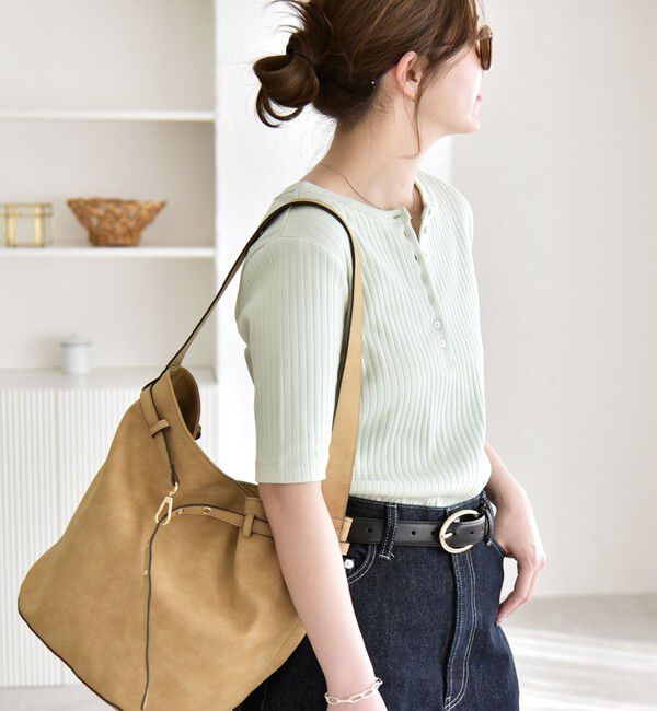 quaranciel「quaranciel:〈洗濯機可能〉テレコ リブ クルー ヘンリー 2way ハーフスリーブ TEE」|Tシャツ・カットソー|