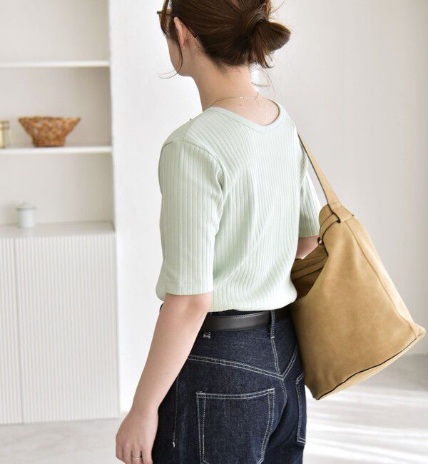 quaranciel「quaranciel:〈洗濯機可能〉テレコ リブ クルー ヘンリー 2way ハーフスリーブ TEE」|Tシャツ・カットソー|