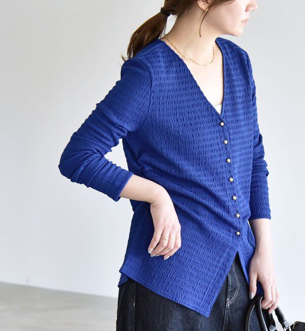 quaranciel「quaranciel:〈洗濯機可能〉ジャカード ジャージー Vネック ギャザー カーディガン」|カーディガン|