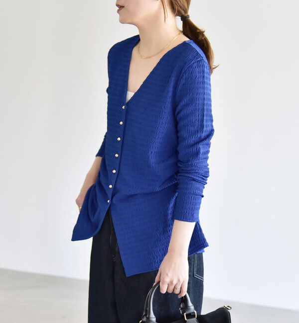 quaranciel「quaranciel:〈洗濯機可能〉ジャカード ジャージー Vネック ギャザー カーディガン」|カーディガン|