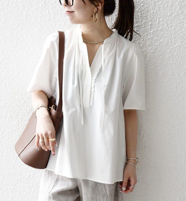 SHIPS any「《予約》SHIPS any:〈洗濯機可能〉タイプライター フリル スキッパー パフ ブラウス」|シャツ・ブラウス|ホワイト