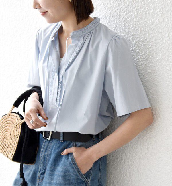 SHIPS any「《予約》SHIPS any:〈洗濯機可能〉タイプライター フリル スキッパー パフ ブラウス」|シャツ・ブラウス|ライトブルー