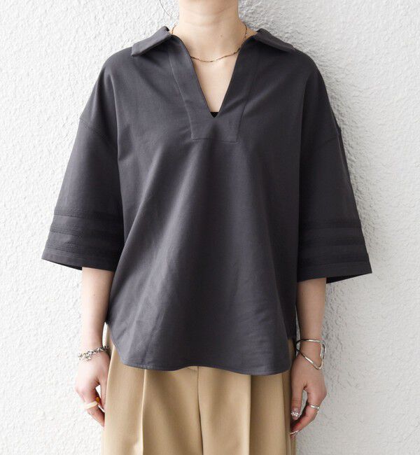 SHIPS any「《予約》SHIPS any:〈洗濯機可能〉インレイ 襟付き スキッパー ハーフスリーブ プルオーバー」|Tシャツ・カットソー|