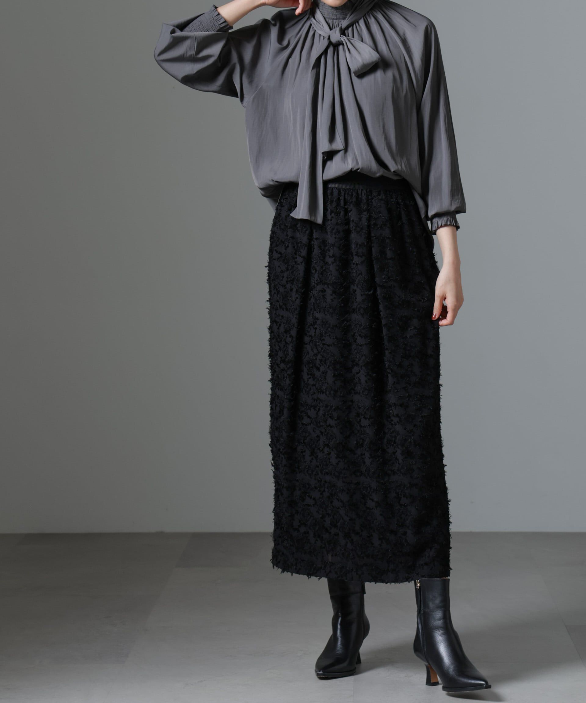 nano･universe「フリンジジャガードコクーンギャザースカート」|スカート|ブラック