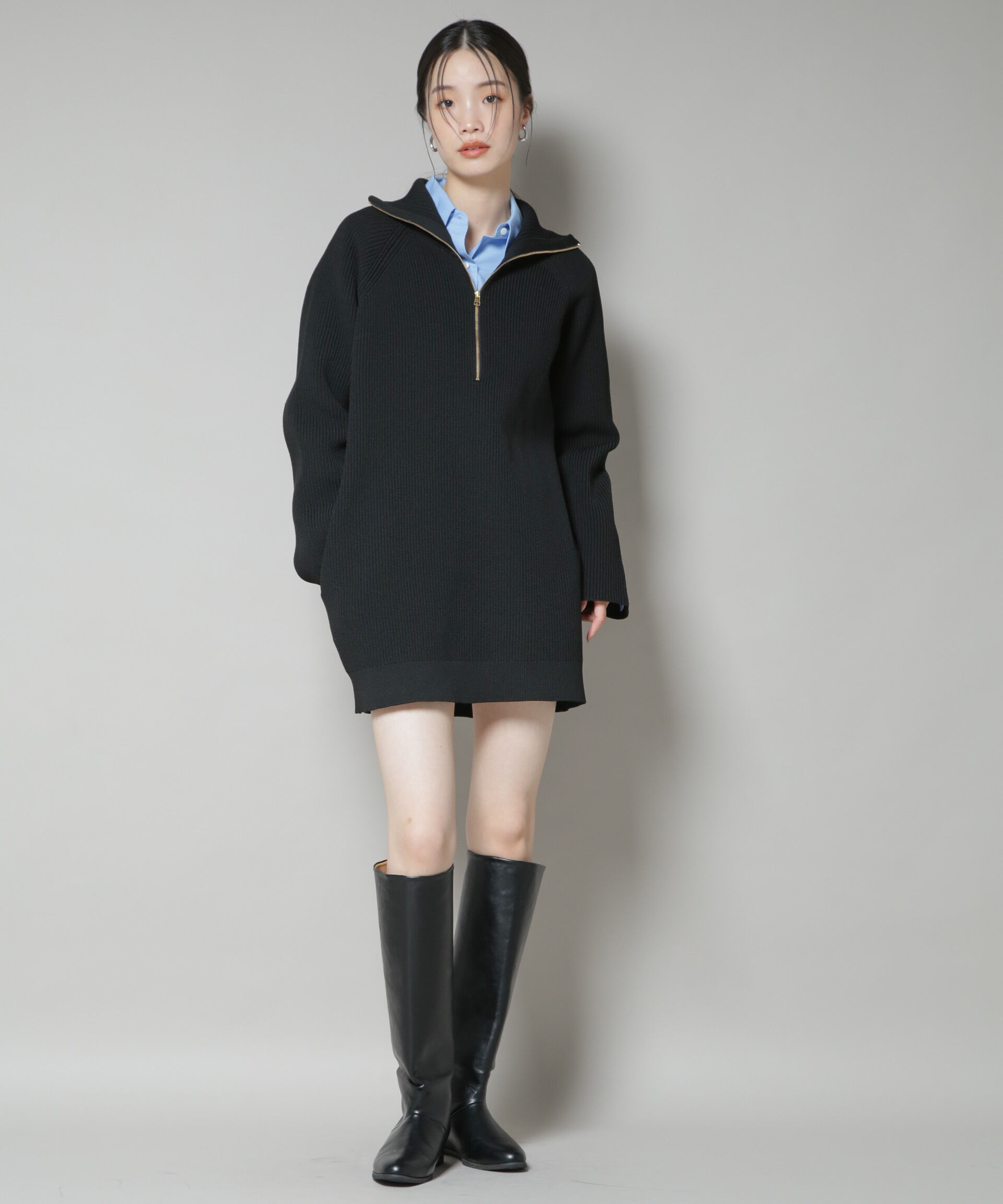 nano･universe「片畦ニットハーフジップミニワンピース」|ワンピース|ブラック