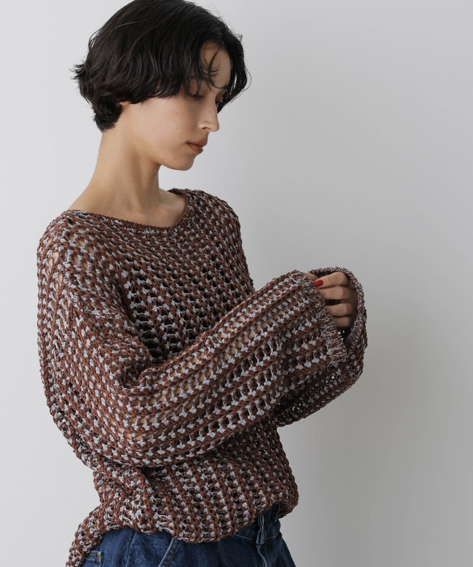 nano･universe「「STEVELOUR」シャイニーレースニットトップス」|ニット・セーター|ブラウン