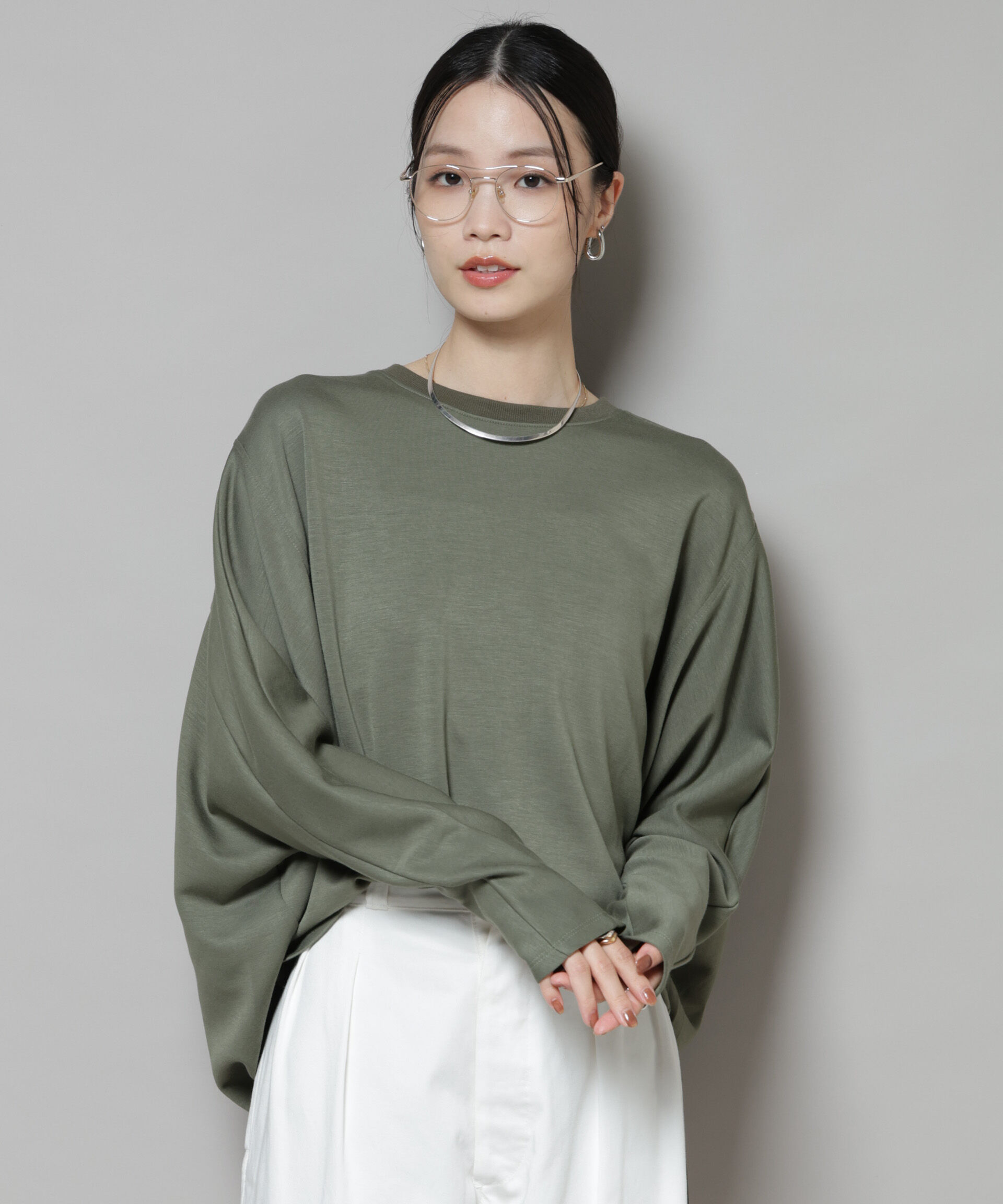 nano･universe「ドルマンスリーブバックドロストヘムカットプルオーバー」|Tシャツ・カットソー|カーキ