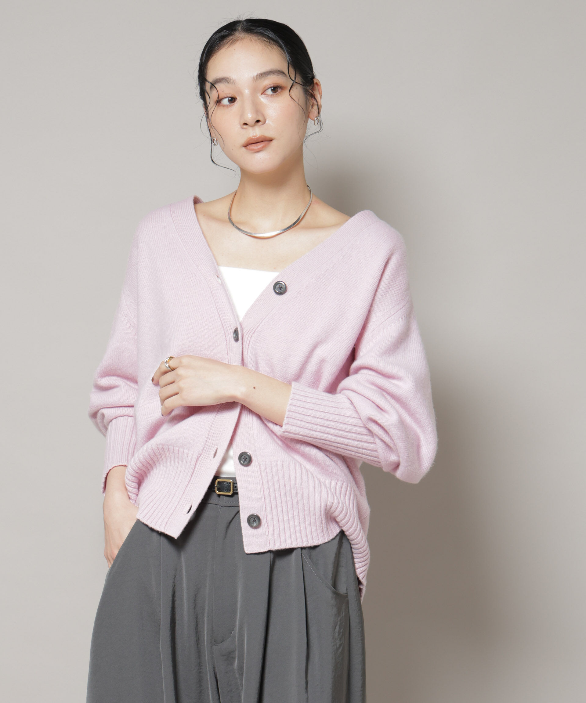 nano･universe「AQUAウールカシミヤVネックカーディガン」|ニット・セーター|ピンク