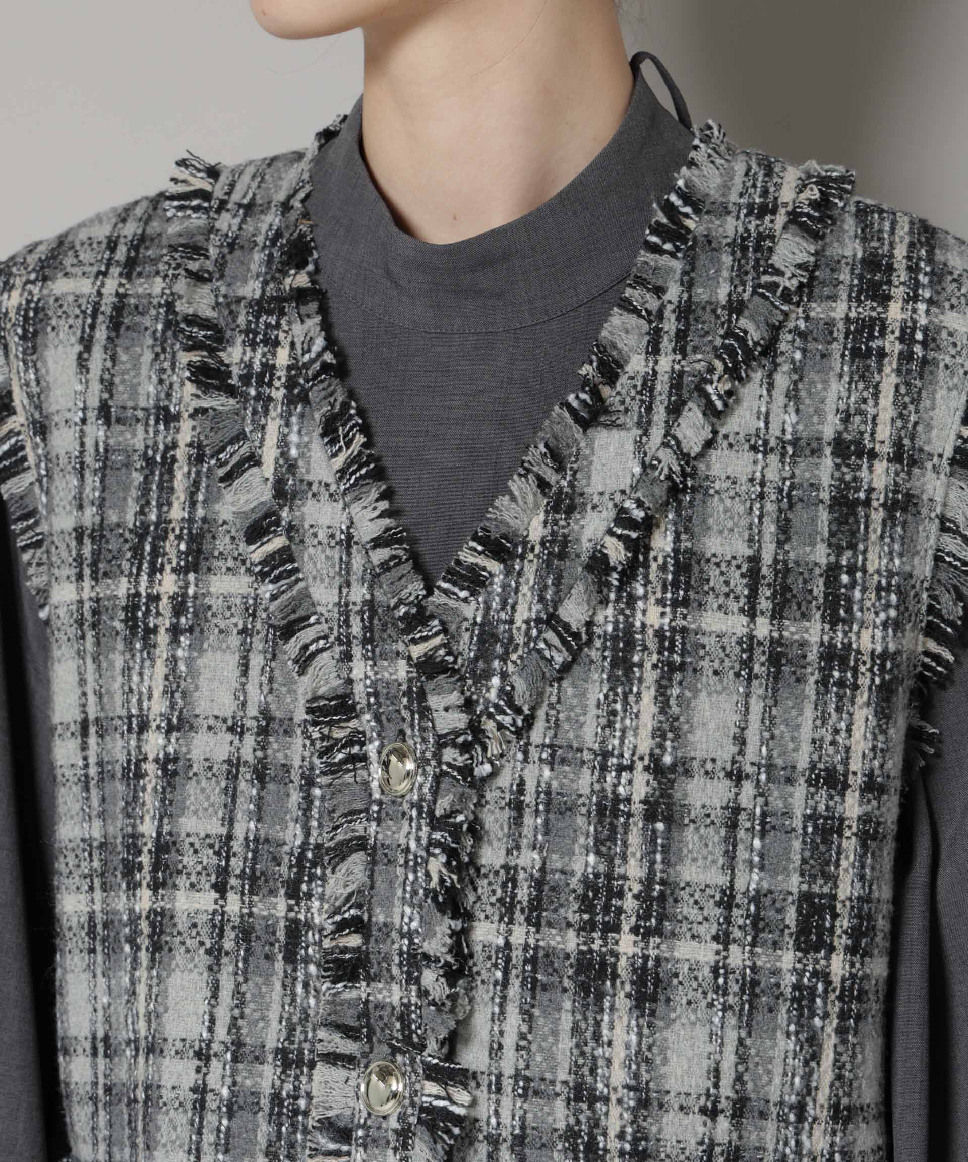 nano･universe「チェックフリンジ金ボタンジレ(セットアップ可)」|テーラードジャケット|