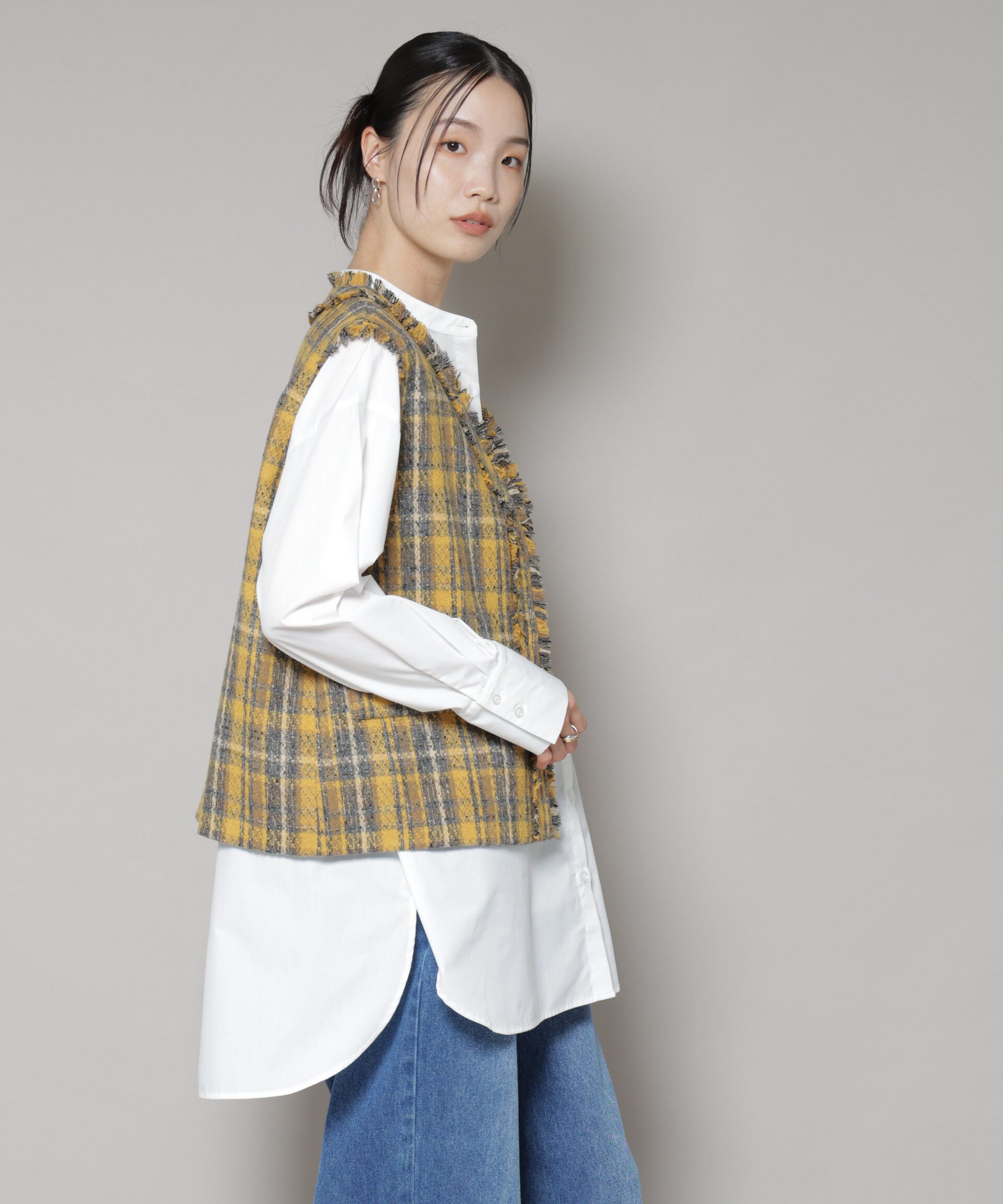 nano･universe「チェックフリンジ金ボタンジレ(セットアップ可)」|テーラードジャケット|