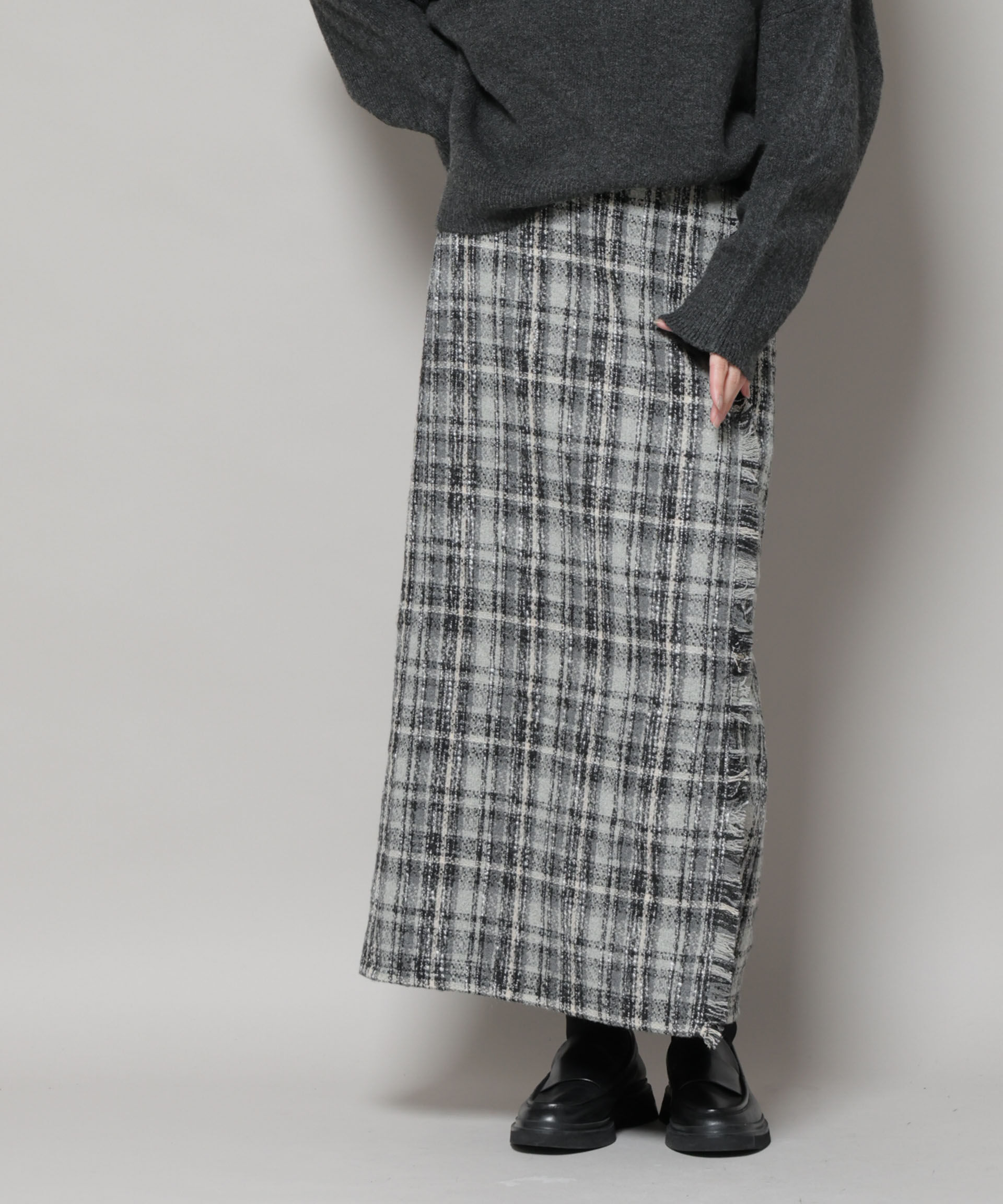 nano･universe「チェックフリンジラップ風スカート(セットアップ可)」|スカート|