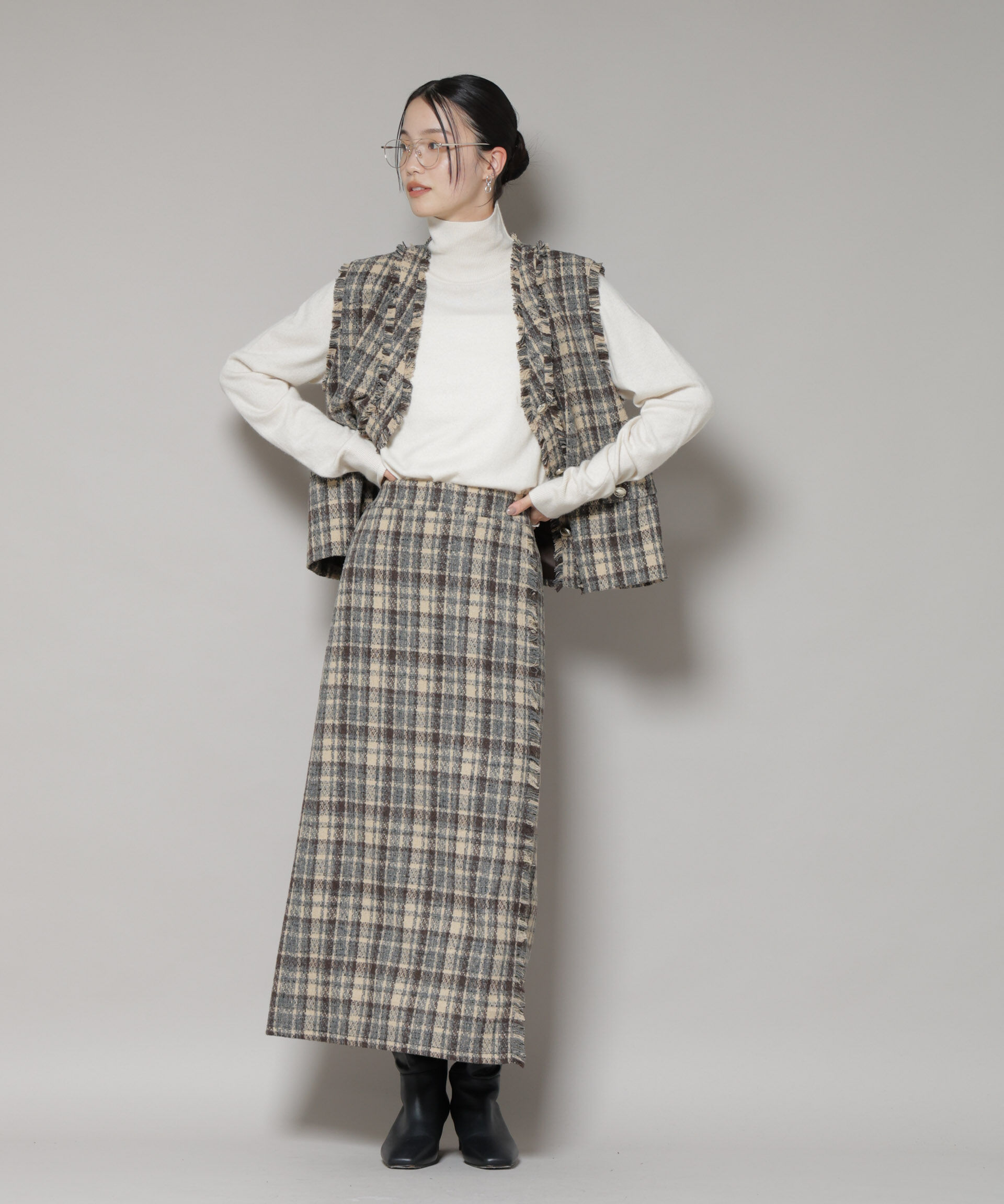 nano･universe「チェックフリンジラップ風スカート(セットアップ可)」|スカート|