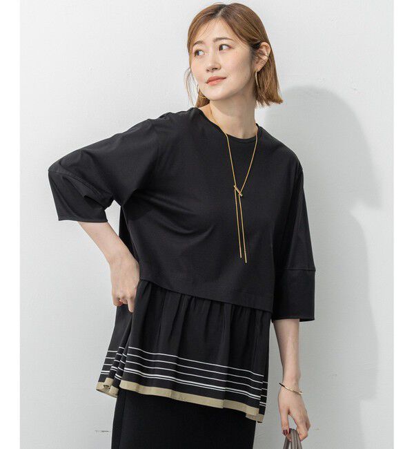 23区「【汗じみ防止加工】スカーフプリントコンビ ヘムデザイン チュニック」|Tシャツ・カットソー|ﾌﾞﾗｯｸ&times;ﾍ