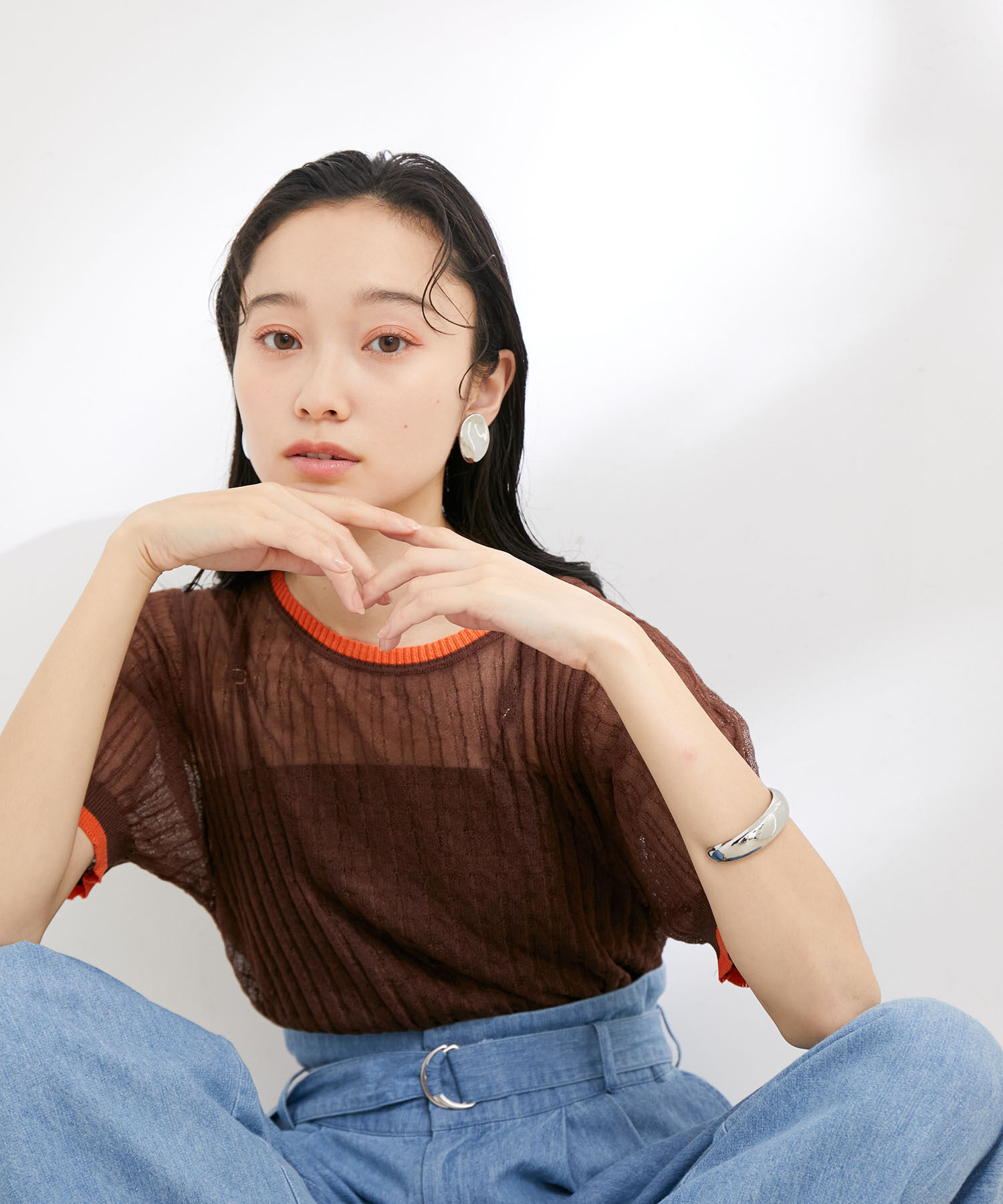 VIS「ポコポコシアーハーフスリーブニット」|ニット・セーター|ダークブラウン(20)