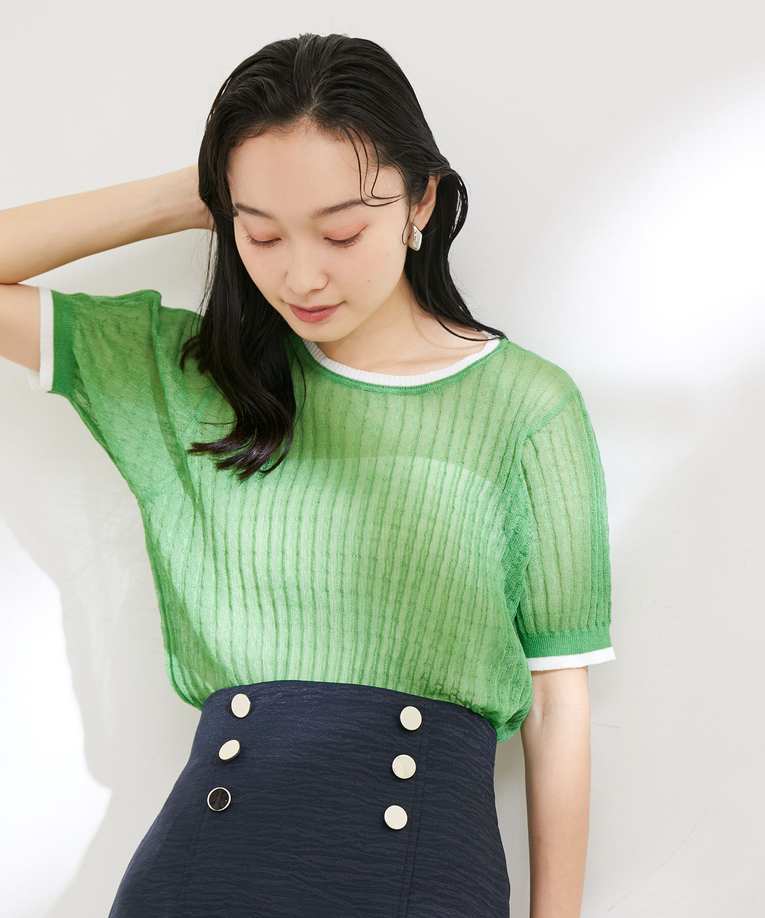 VIS「ポコポコシアーハーフスリーブニット」|ニット・セーター|グリーン(30)
