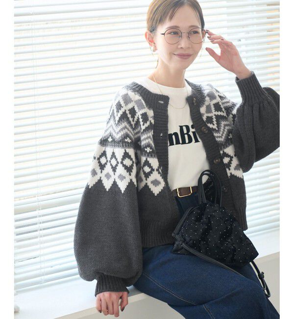 Rope&rsquo;Picnic「求心柄ボリュームスリーブカーディガン/イージーケア」|カーディガン|チャコール(06)