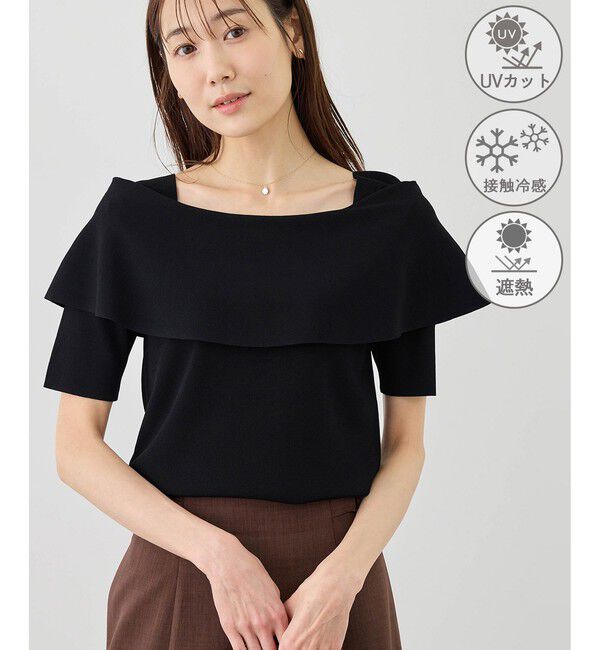 Rope&rsquo;Picnic「八方映えニット ハーフスリーブケープニットプルオーバー/UVカット・接触冷感・イージーケア」|ニット・セーター|ブラック(01)