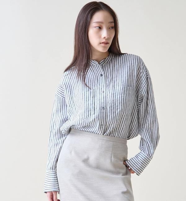 TIARA「リネンバンドカラーシャツ」|シャツ・ブラウス|ホワイト&times;ブルー
