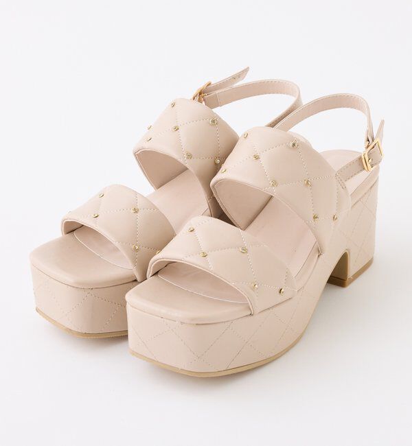  「ビジュースタッズ付きキルティングサンダル」|その他|ベージュ