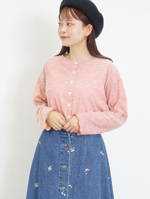 Samansa Mos2「ワンポイント刺繍シアーボーダーカーディガン」|カーディガン|