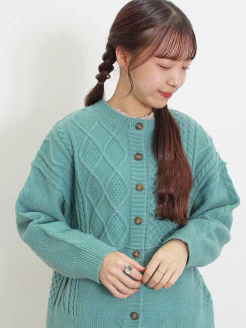 Samansa Mos2「パッチワークケーブル前後2WAYニット」|カーディガン|グリーン