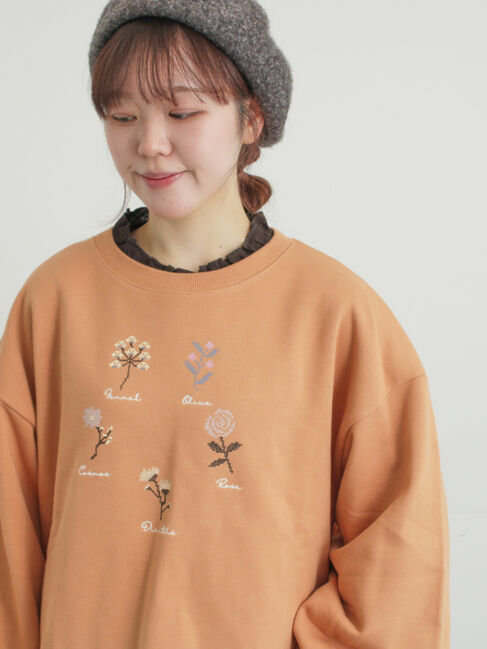 Samansa Mos2「クロスステッチフラワー刺繍スウェット」|Tシャツ・カットソー|オレンジ