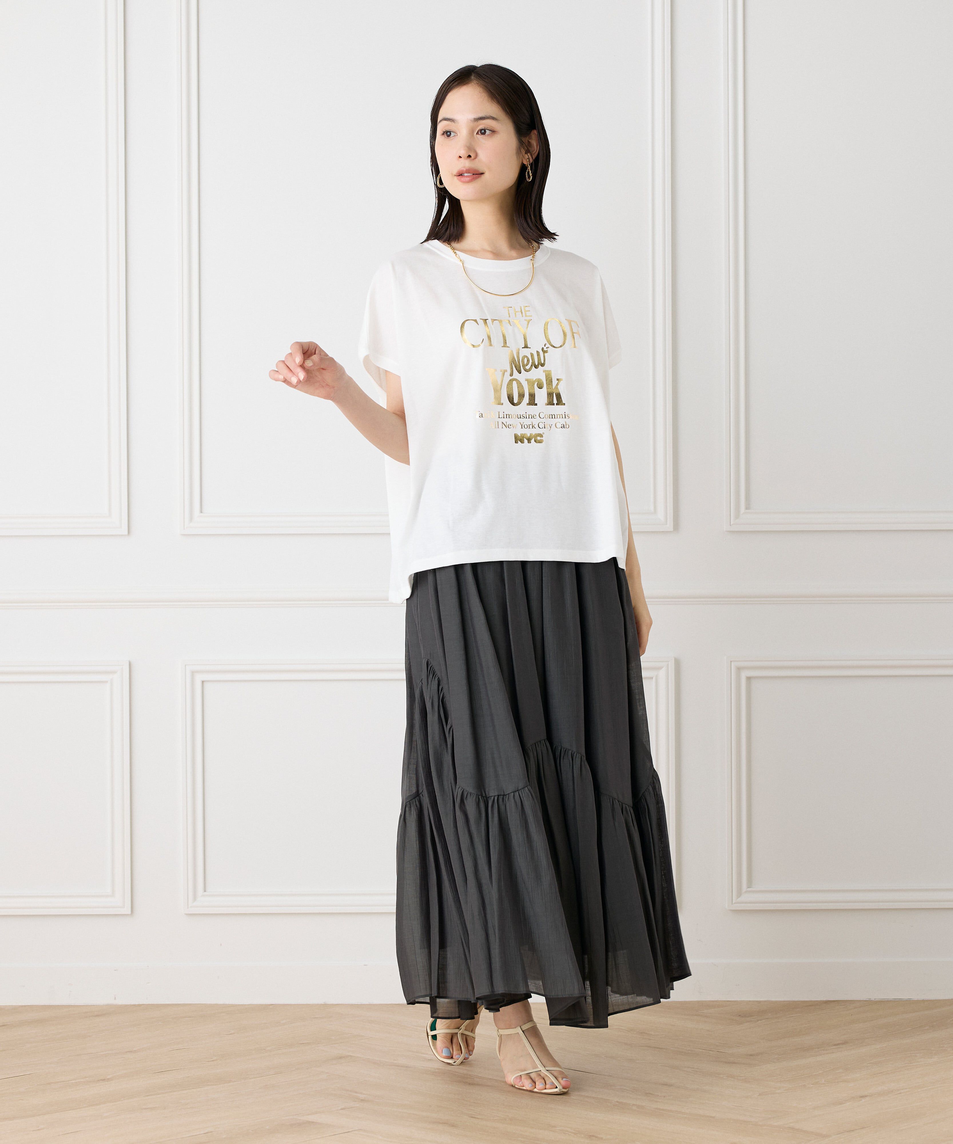 INED「アシンメトリー切り替えギャザースカート」|フレア|