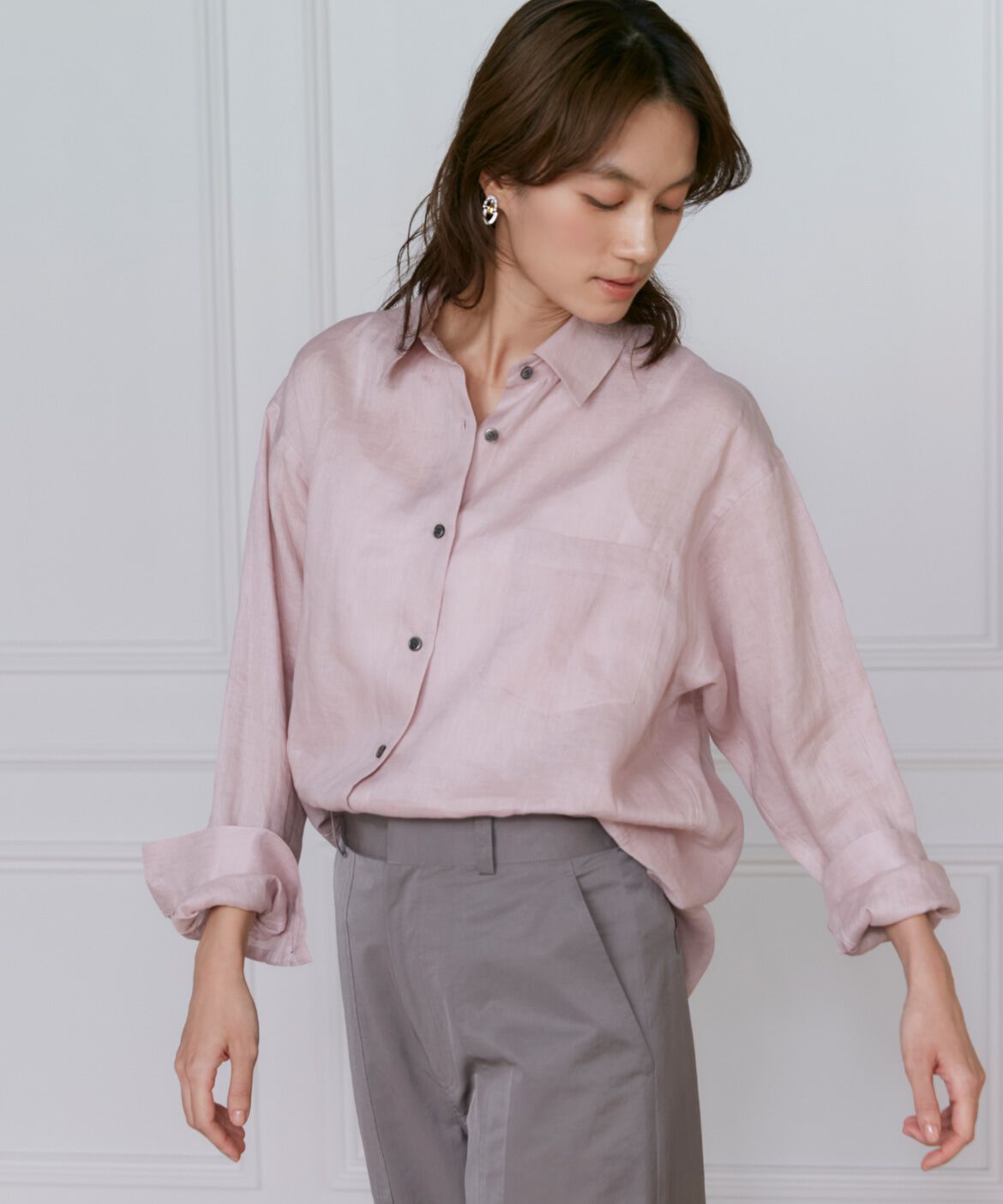 INED「リネンレギュラーカラーシャツ」|シャツ・ブラウス|ピンク1