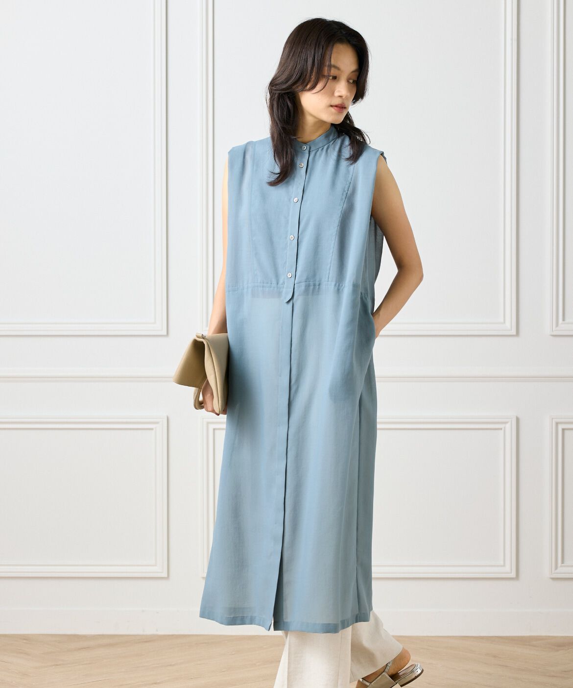 INED「ボザムデザインノースリーブシャツドレス」|ワンピース|ブルーグリー 5