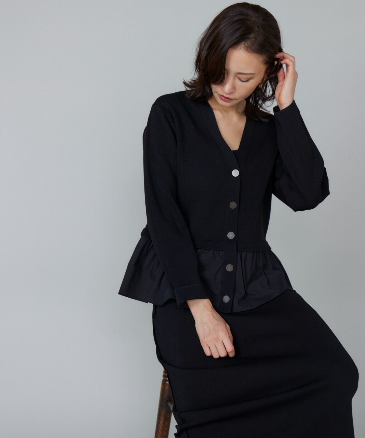 Le Souk「異素材フリルミラノリブカーディガン」|カーディガン|