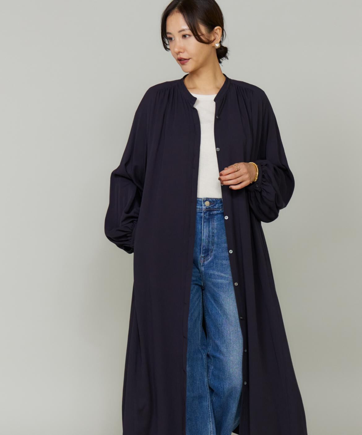 Le Souk「サイドギャザーワンピース」|ワンピース|ネイビー