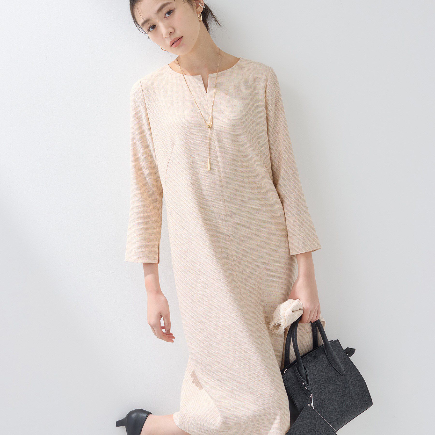 INDIVI「【軽量／セレモニー／SETUP可能】ストレッチツイードAラインワンピース」|ワンピース|グレージュ(450)